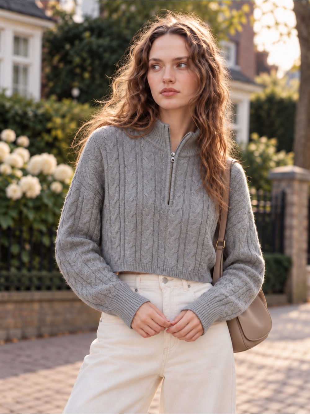 Garage Sierra Half Zip Cable Knit Cropped Sweater Grey Size M Cotton Blend